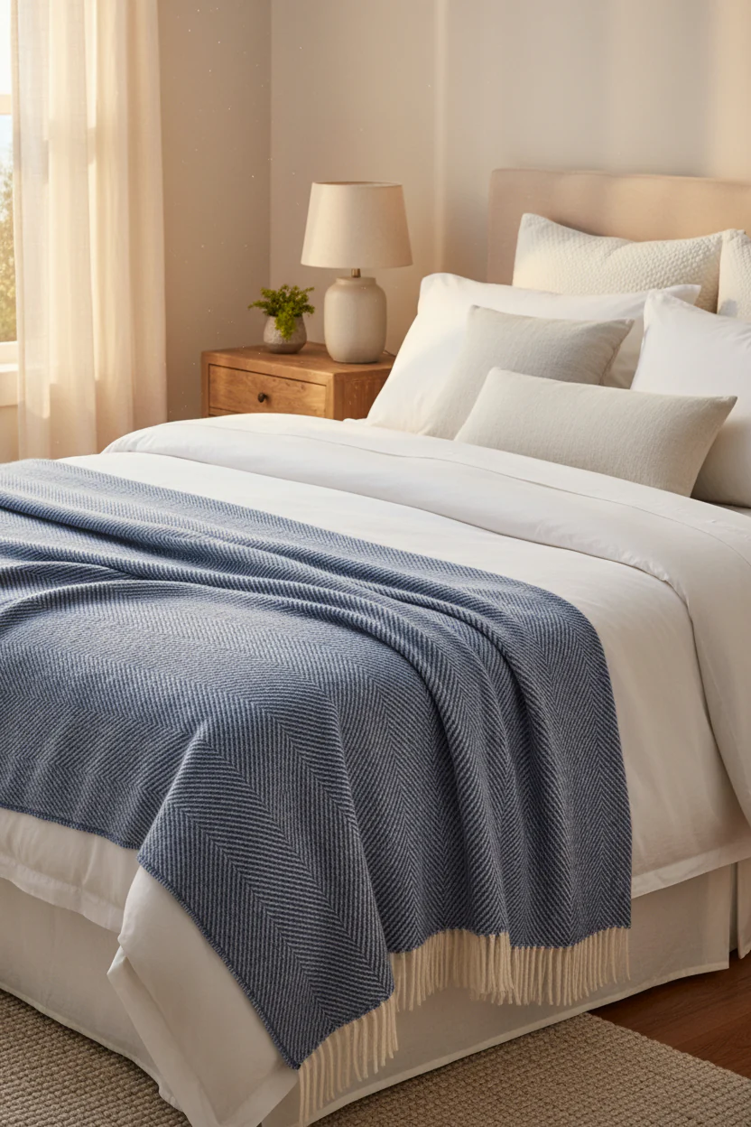 Bronte By Moon Herringbone Pure New Wool Throw, Blueberry - Image 3