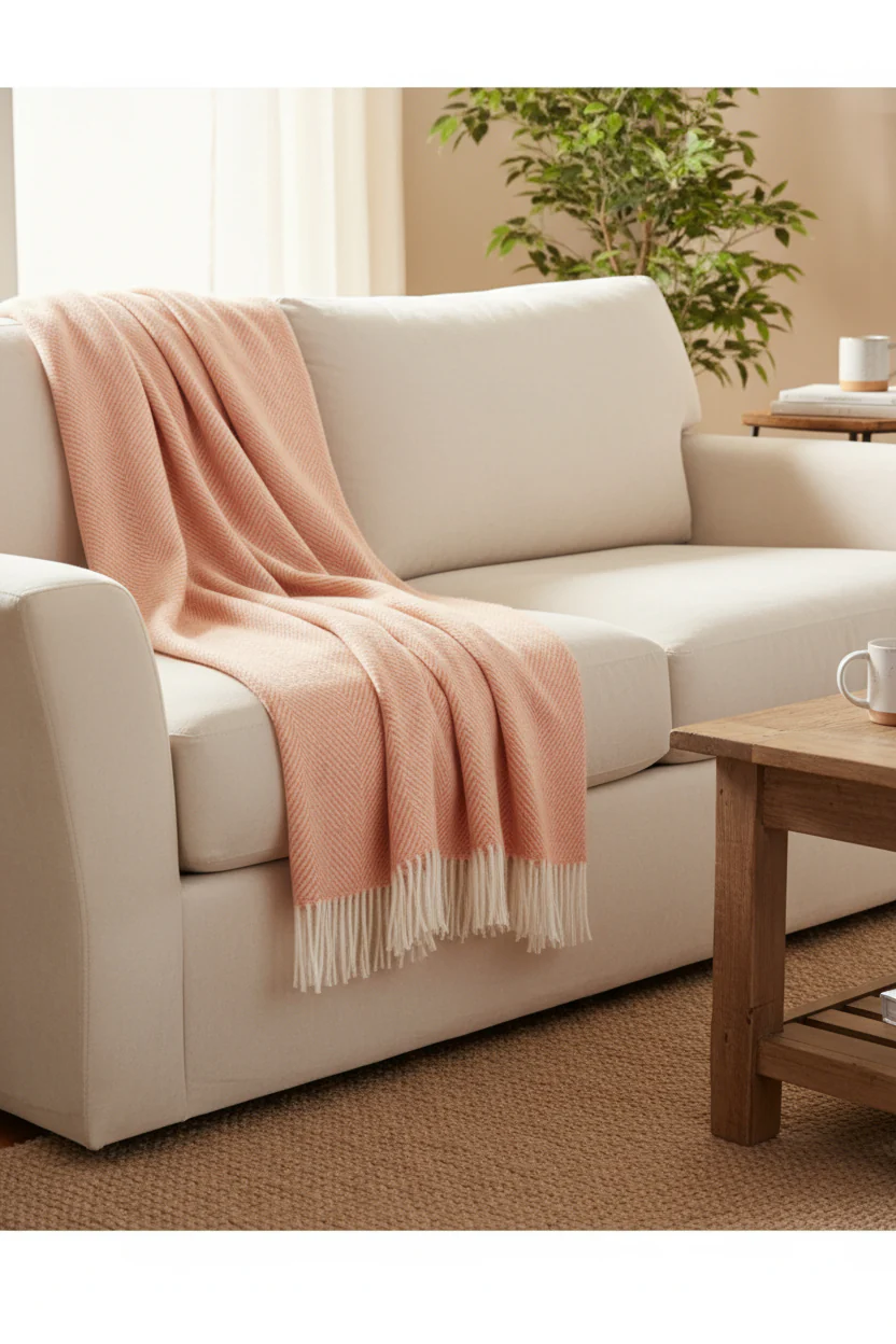 Bronte By Moon Herringbone Pure New Wool Throw, Orange Sherbet - Image 2