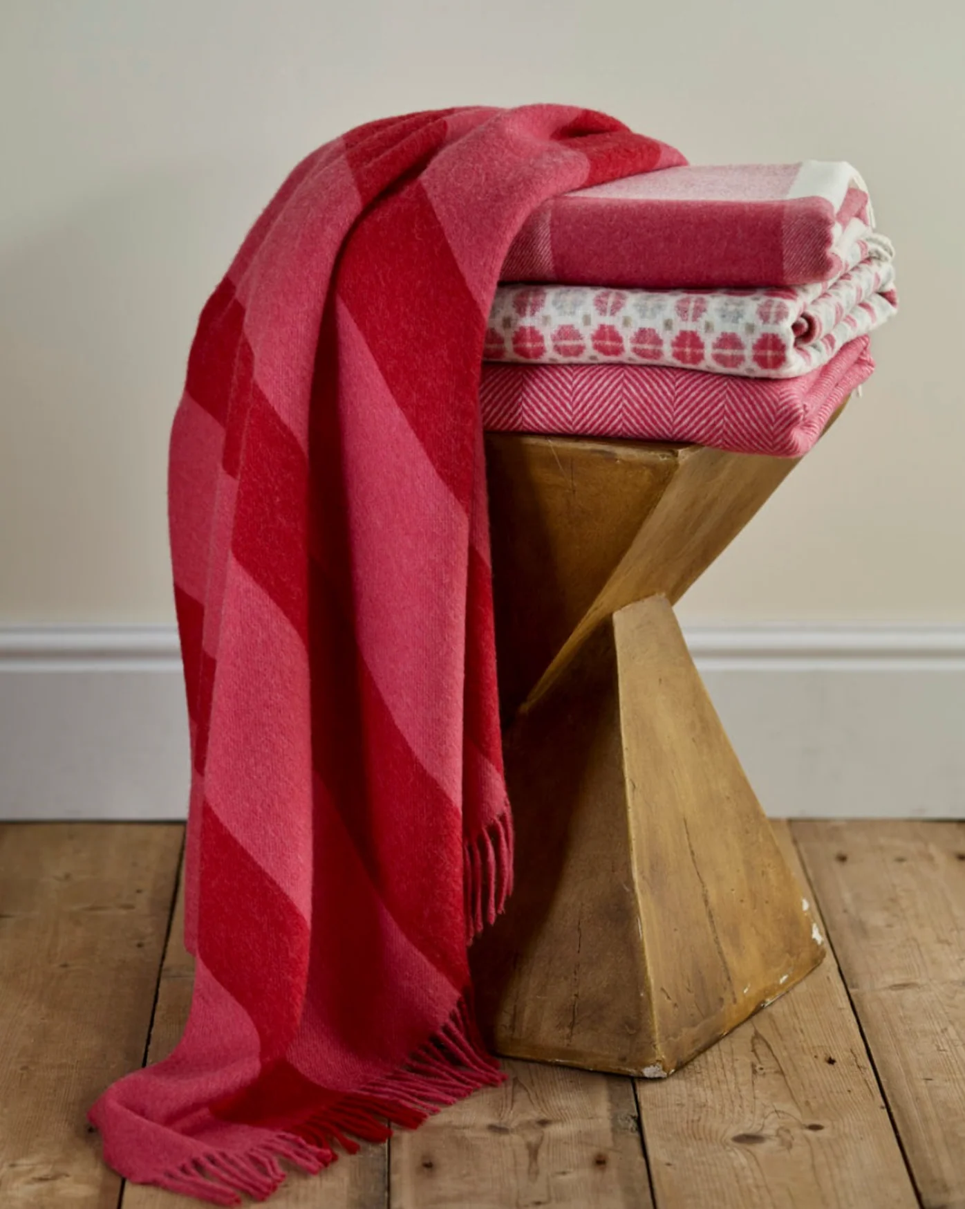 Bronte By Moon Herringbone Pure New Wool Throw, Raspberry Ripple - Image 6
