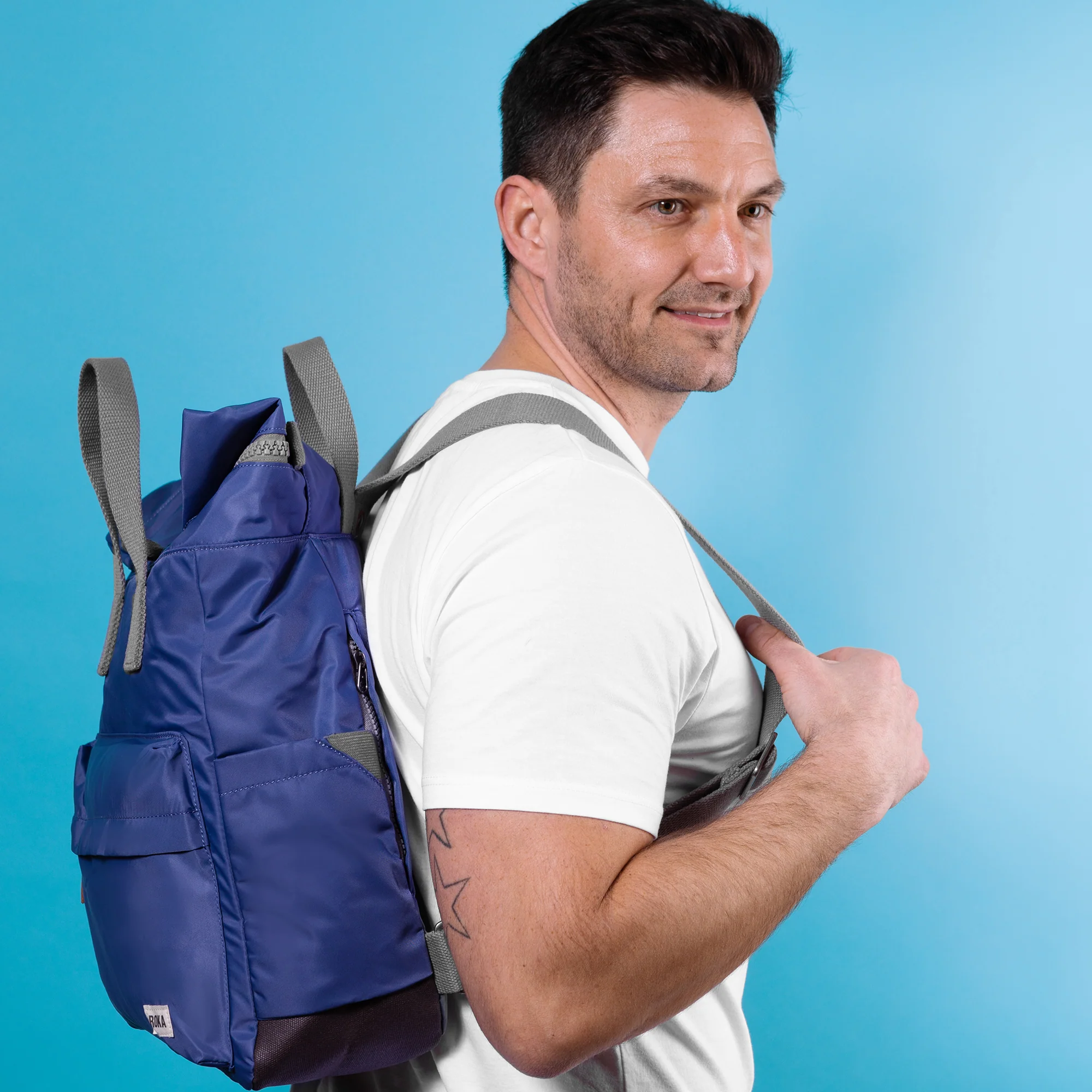 Roka London Canfield B Sustainable Nylon Rucksack, Burnt Blue - Image 9